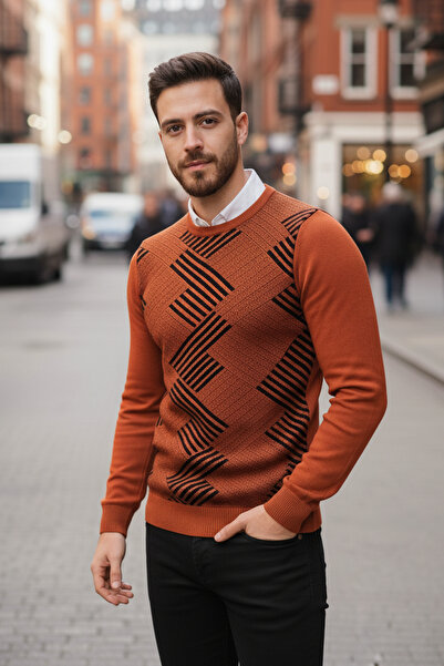NAZEF Slim Fit Patterned Crew Neck Brick Color Sweater