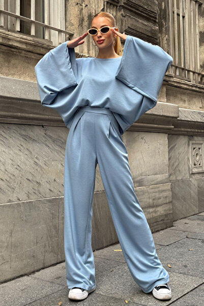 bacc Set bluză și pantaloni lejeri din material modal, albastru deschis, cu c...