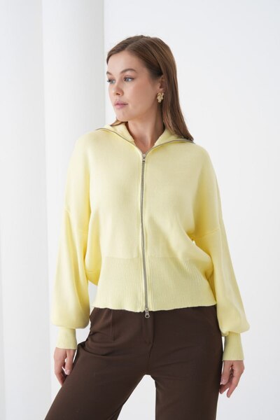 Miss Allos Women's Double Zipper Wide Collar Knitwear Cardigan