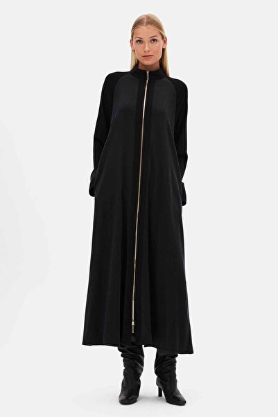 MISS DALIDA Triko-Cupro Fermuarlı Uzun Siyah Kap