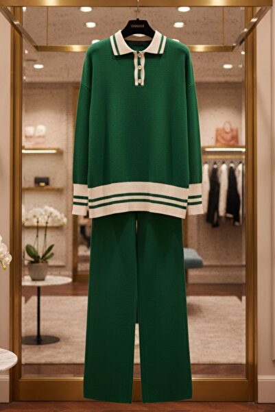 AYMELEK Women's Knitwear Set Striped Polo Neck Buttoned Sweater and Pants Bottom Top Set