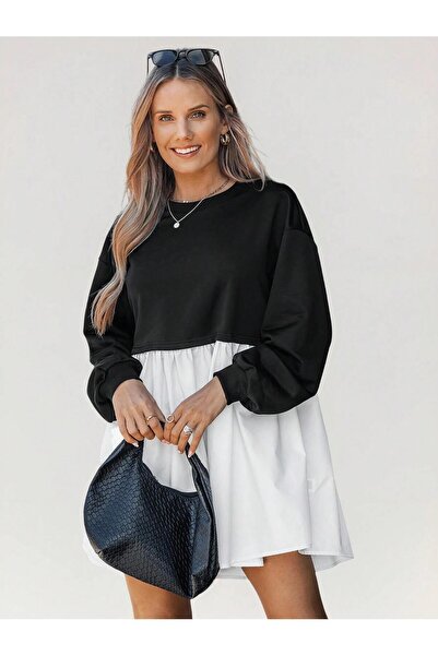 Afri Women's Black Top with White Skirt Detail Sweat Dress – Hijab & Casual Wear Compatible, Comfortable Fit Long Sleeve