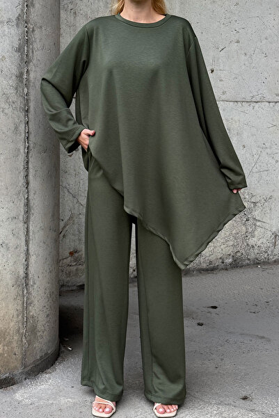 bacc Khaki Comfortable Fit Asymmetric Blouse and Pants Modal Fabric Bottom Top Set Bcvl-25V231
