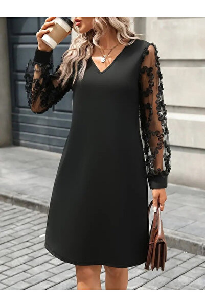 JANES Women's Long Sleeve V-Neck Tulle Short Imported Crepe Mini Dress