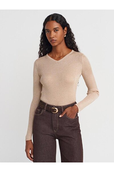 Dilvin 10803 V-Neck Silvery Knitwear Sweater