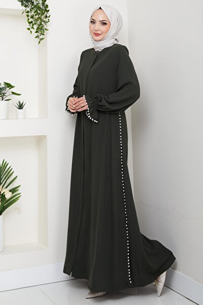 hafsamina Pearl Detailed Ferace Khaki Hm2850