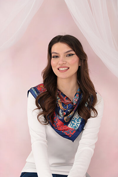 Trend Land Royal blue satin square scarf with multicolor abstract print