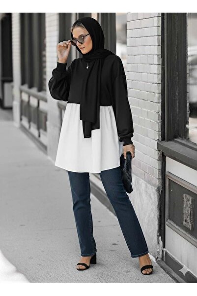 Afri Women's Black Top with White Skirt Detail Sweat Dress – Hijab & Casual Wear Compatible, Comfortable Fit Long Sleeve