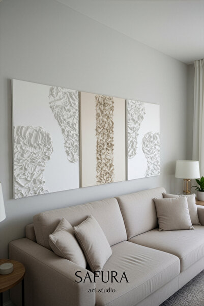 Safura Art Studio Dokulu Tablo – El Yapımı 3 Boyutlu Minimalist Tuval, Modern Dekoratif Alçı Tablo (Bürümcük - Üçlü)