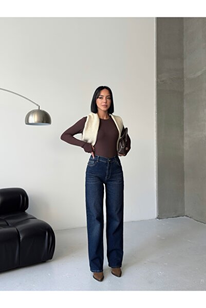 moda paketi talie înaltă Pantaloni drepti din denim albastru închis-Jean-Straight