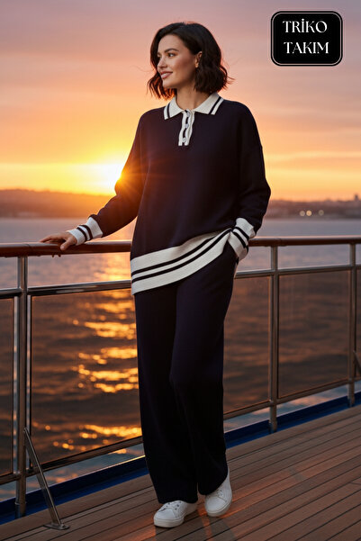 AYMELEK Women's Knitwear Set Striped Polo Neck Buttoned Sweater and Pants Bottom Top Set