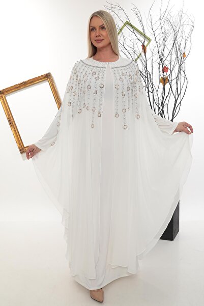 MİSS DİAMOND White Abaya Ferace Dress with Stone Embroidered Collar