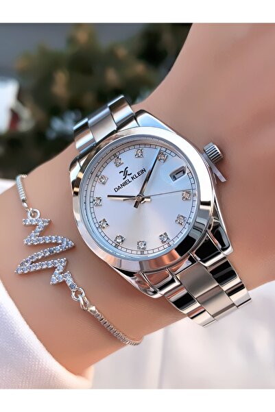 Daniel Klein Kadın Kol Saati Takvimli Çelik Kordon Gümüş Renk Hediye Bileklik DKF68C4