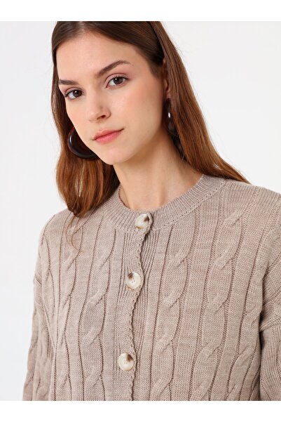 Refka Hair Braid Patterned Cardigan & Skirt Knitwear Set - Mink -