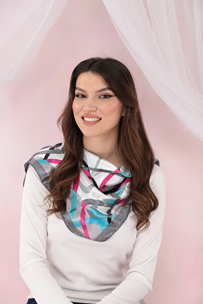 Trend Land Esarfa patrata satinata cu bordura gri si imprimeu colorat