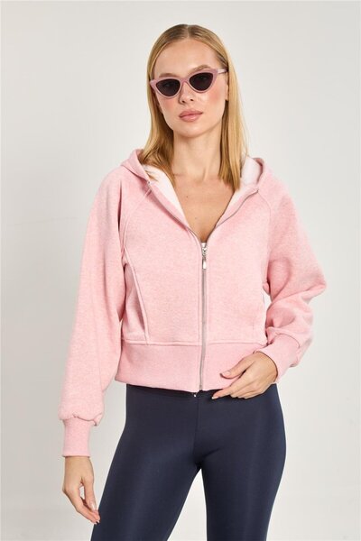 BARRELS AND OIL Women's Hooded Zippered Short Sweatshirt - Pink