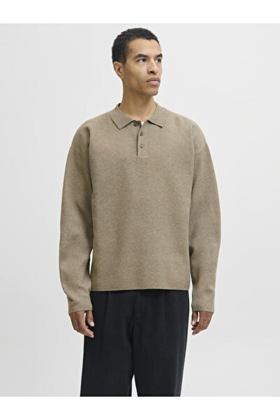 Jack & Jones Men's Beige Jprblabradfort Knit Polo Sweater & Cardigan 12285374-Brindle