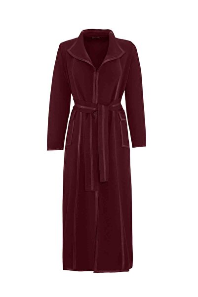 MISS DALIDA Deri Şerit Detaylı Triko Bordo Hırka