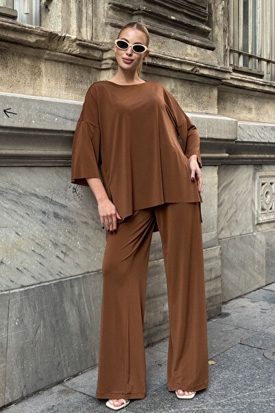 bacc Cinnamon Coffee Comfortable Fit Crew Neck Blouse and Loose Pants Modal Fabric Bottom Top Set Bcvl-25V233