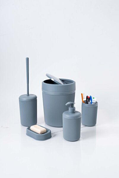 Homekolik 5 Piece Gray Plastic Bathroom Set – Trash Can, Toilet Brush, Liquid Soap Dispenser, Toothbrush Holder, Soap Dish