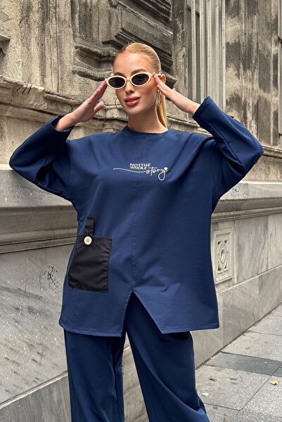 bacc Navy Blue Pocket Detailed 2 Thread Knitted Blouse and Pants Bottom Top Set Bcvl-25V227