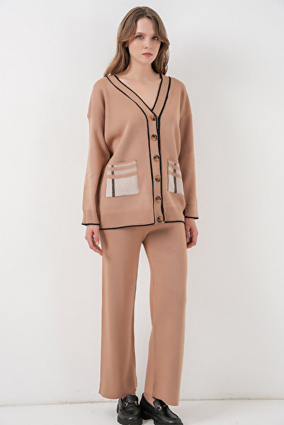 Bigdart Women's Pocket Cardigan Knitwear Double Set 15964 - Camel