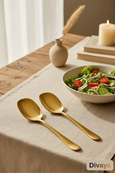 DİVAYS Set of 2 21 cm Gold Stainless Steel Luxury Serving Salad Spoon Set Spatula