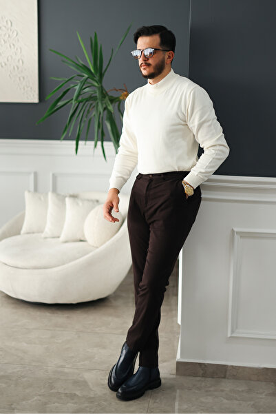 Avni Ceylan Dublin Buckle Detailed Pleated Double Leg Brown Fabric Trousers