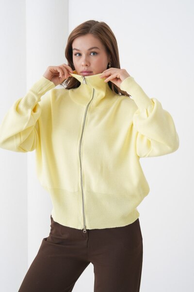 Miss Allos Women's Double Zipper Wide Collar Knitwear Cardigan