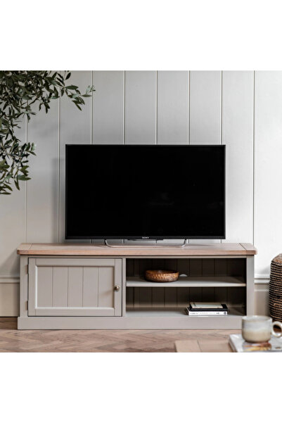 feruzadeco Açık Gri ve Meşe Renkli TV Ünitesi | 100 cm El Yapımı Ahşap Konsol | Modern Rustik TV Sehpası