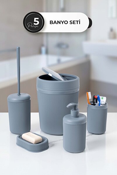 Homekolik 5 Parça Gri Plastik Banyo Seti – Çöp Kovası, Klozet Fırçası, Sıvı S...