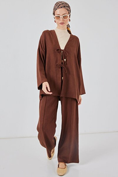 Hiccup Bdart Linen Blend Tie-Up Cardigan and Ribbed Detail Wide-Leg Pants Set