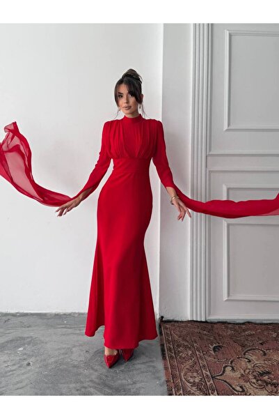 conconmoda Karen Tül Kol Korsaj Bağlamalı Uzun Elbise