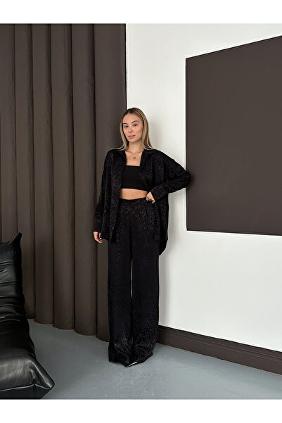 LE CARAMBOLE Women's Black Leopard Pattern Oversized Shirt Wide Leg Pants Set