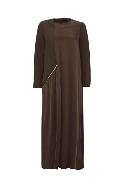 MISS DALIDA Fermuar Detaylı Cupro Kahverengi Elbise