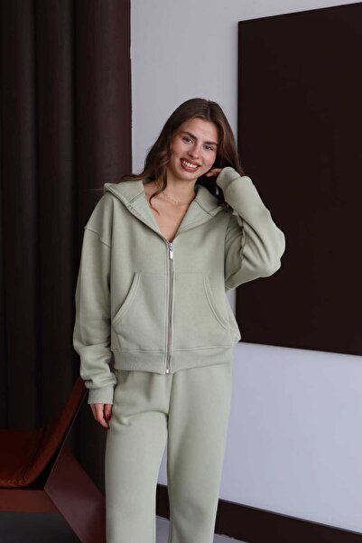 Patreon سترة نسائية ناعمة من الصوف بثلاثة خيوط كبيرة الحجم بقلنسوة وسحاب