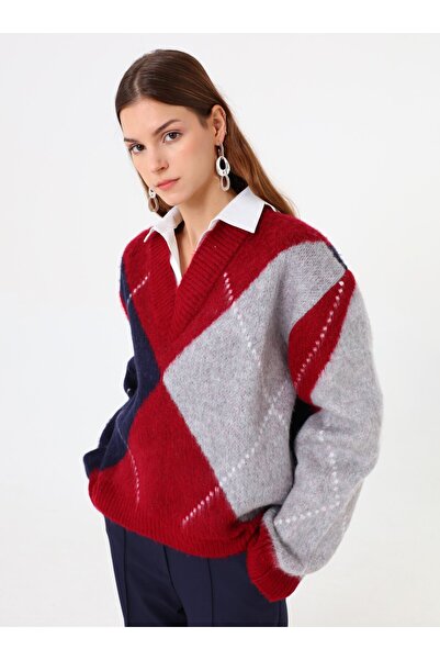 Benin V-Neck Baklava Pattern Knitwear Sweater - Burgundy -
