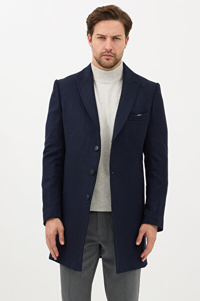 Frappoli Pagano Men's Navy Blue Pointed Collar Slim Fit Cashmere Coat