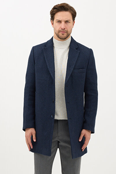 Frappoli Vivaldo Men's Navy Blue Self-Patterned Jacket Collar Slim Fit Cashmere Coat