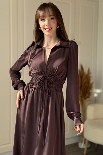 Dilay Gökoğlu Butik Satin Waist Gathered Sleeve Buttoned Stylish Maxi Dress Suitable for Hijab