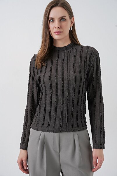 Hiccup Bdart Textured Slim Fit Mock Neck Blouse