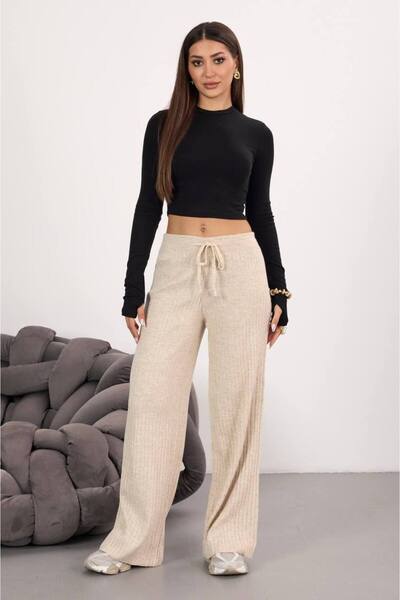 MY DEPO Women's Waist Tie Wide Leg Corded Fabric Knitwear Trousers
