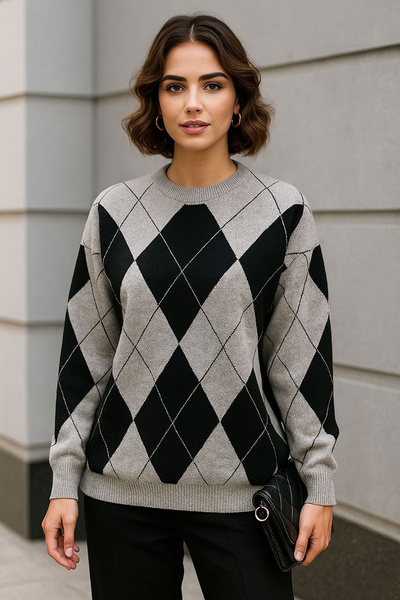 bacc Pulover tricotat cu model guler rotund baklava gri pentru femei BCVL-253027