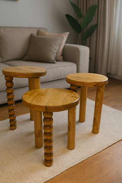 Simillo Home&Living 3’lü Ahşap Mantar Sehpa Seti – Tütün Renk Modern Zigon Ta...