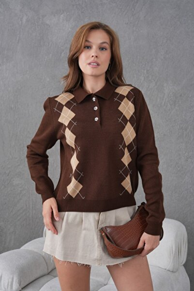 Miss Allos Women's Buttoned Front Diamond Pattern Knit Sweater