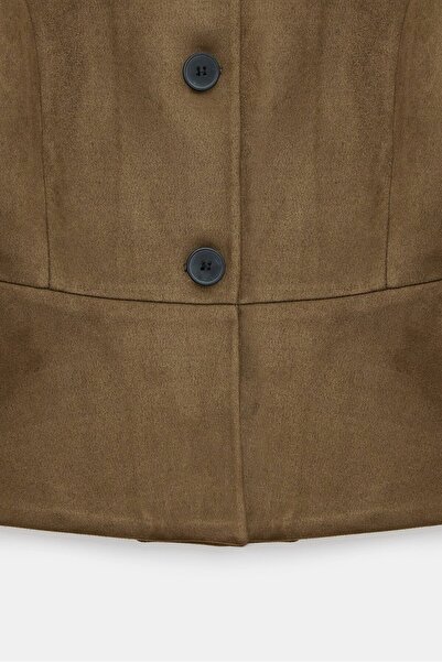 Saade Women's Regular Fit Crew Neck Buttoned Suede Jacket