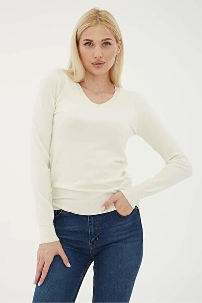 Fashion Friends Flexible V-Neck Ecru Women's Sweater 25K0778K1