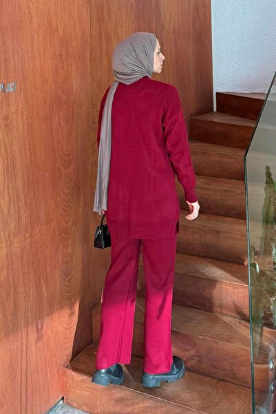 lamelif Knitwear Set with Floral Accessories Burgundy