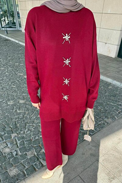 lamelif Pearl Embroidered Hijab Set Burgundy