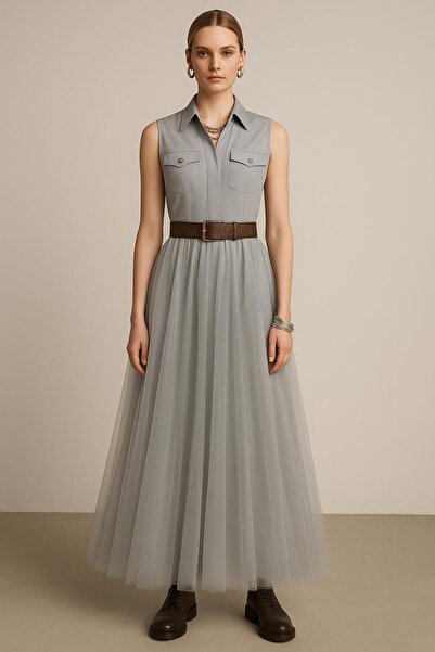 ALYEL NAKER Maxi Sleeveless Designer Dress with Utility Detail & Tulle Skirt